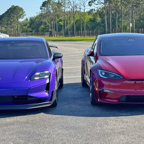 Rewrite this title better NEW RECORD * Porsche Taycan Turbo GT Weissach vs Tesla Model S Plaid Track Pack 1/4 mile Drag Race