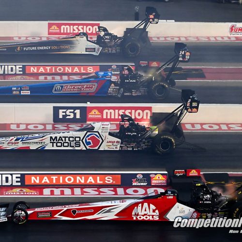 Rewrite this title better RECORDS FALL AT NHRA 4-WIDE NATIONALS; KALITTA, FORCE, LEE, GLENN, AND HERRERA CLAIM NO. 1 SPOTS